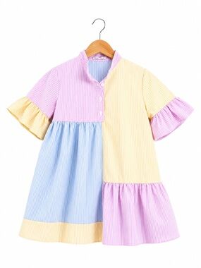 Preppy Pastel Stripe Button-Up Dress - Pink, Blue, Yellow Seersucker